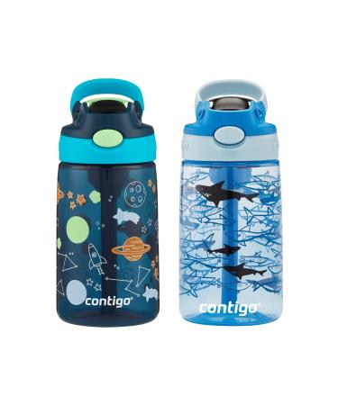 Contigo Kids Water Bottle with Straw - 2 Pack 14 oz - Kids Water Bottles with Autospout Technology Spill Proof Easy-Clean Lid Design Ages 3 Plus Dishwasher Safe Cosmos & Gummy Sharks Navy Cosmos & Blue Gummy Sha...