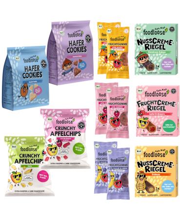 Foooodlose Cool Kids Tasting Package | Delicious Bio Sweets Mix with 19 snacks without refined sugar vegan & wheat -free |Box with fruit gums fruit and nut cream bars apple chips & cookies Cool Kids Tasting Package Small