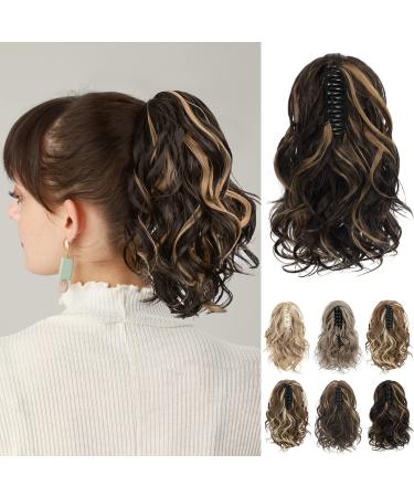 REECHO Ponytail Extension Claw Clip in Ponytail Hair Extensions 10 Inch Short Curly Ponytail Natural Wavy Synthetic Hairpiece for Women Dark Brown with Highlights 10 Inch Dark Brown with Highlights