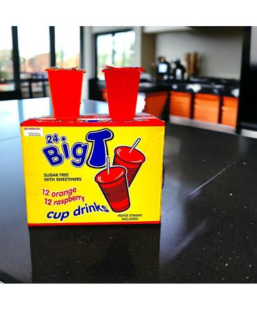 Big T Sugar-Free Cup Drinks - Orange & Raspberry 24 Bulk Pack with Paper Straws - Buy Online on SooperMarket.com