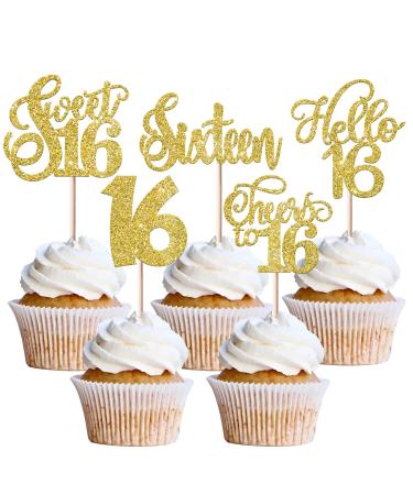 Rsstarxi 30 Pack 16th Birthday Cupcake Toppers Gold Glitter Sixteen Sweet 16 Cupcake Picks Cheers to 16 Years Old Birthday Cake Decoration for Hello 16th Birthday Anniversary Party Decorations Design 1 Gold