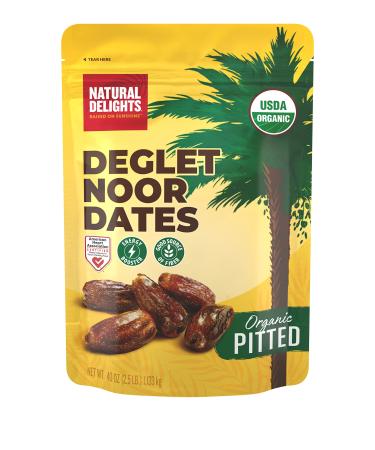 Natural Delights Organic Pitted Deglet Noor Dates  USDA Certified Organic, Non-GMO Verified, Good Source of Fiber, Naturally Sweet Fruit Snack, Perfect for On-the-Go - Organic Deglet Noor Dates Pitted, 40 oz Pouch
