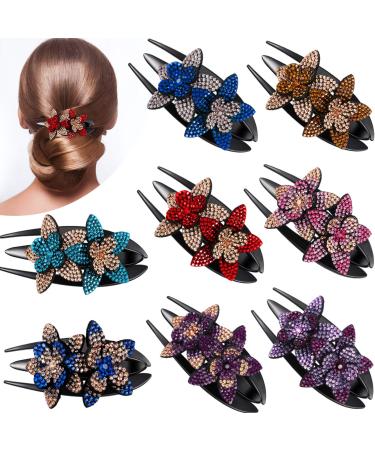 8 Pieces Rhinestone Double Flower Hair Clip 3.5 x 2 Inch Rhinestone Crystal Flower Hairpin Barrettes Crystal Glitter Hair Comb Claw for Women Girls Thick Long Hair