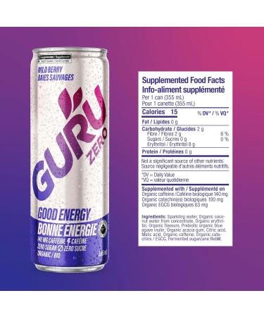 GURU ZERO SUGAR Wild Berry Organic Energy Drink with Plant Based Natural Caffeine from Green Tea Coconut Water Zero Added Sugars 140mg Caffeine Healthy Drinks 355mL (Pack of 24) - Buy Online on SooperMarket.com