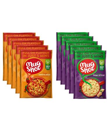 Mug Shot Instant Noodles Multipack Thai & Sweet & Sour Asian Ready Meals Food & Snack x5 Each Flavour Quick Meal Pasta Low Fat Calorie Noodle Bulk Ready in 5 Min 10 packs total + Cheeroo Magnet