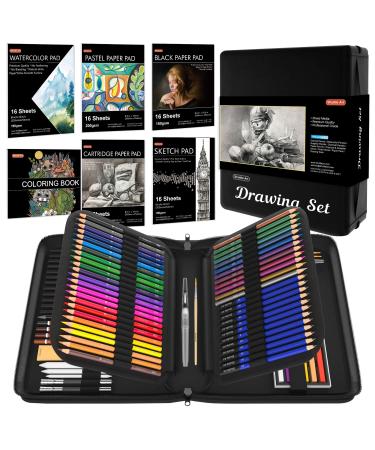 124 PCS Drawing Kit Shuttle Art Professional Drawing Supplies with Sketch Charcoal Colored Graphite Pastel Pencils & Sticks Complete Drawing Tools and Paper Pads in Zipper Case for Artists& Kids