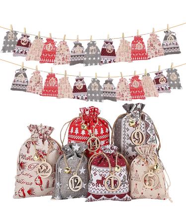 Christmas Advent Calendar DIY Drawstring Gift Bags 24 Days Countdown to Christmas Reusable Burlap Bags Countdown to Christmas Charm for Children Birthday Party Weddings