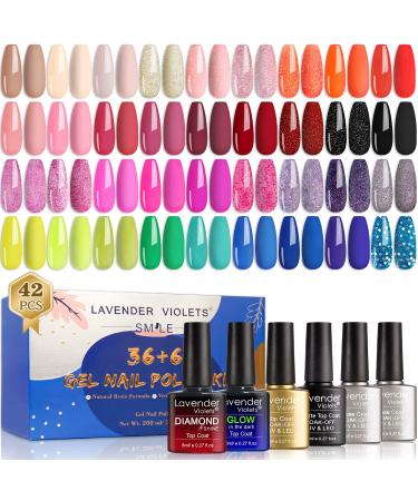 Lavender Violets 42 Pcs Gel Nail Polish Kit Set with 36 Colors Coat, 6 Bottles of Base top Coat, Glossy Matte Diamond Shine Glow in the Dark Top Coat for Nail Art C950