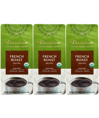 Teeccino Chicory Coffee Alternative  French Roast  Ground Herbal Coffee Thats Prebiotic, Caffeine Free & Acid Free, Dark Roast, 11 Ounce (Pack of 3)
