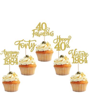 30 Pieces Vintage 1984 Cake Toppers Glitter Happy 40th Forty Awesome Since 1984 Cupcake Toppers 40 Fabulous Cake Decoration for 40th Birthday Wedding Anniversary Party Cake Decorations Gold Gold 40th