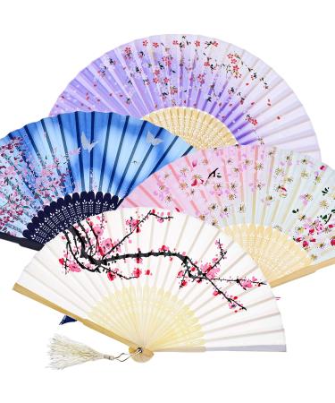 Foldable bamboo hand with tassel for women for wall decoration as a gift (white cherry pink cherry blue cherry and purple cherry) 4 pieces blue white