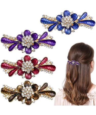 4pcs Vintage Flower Design Glitter Elegant Rhinestone Metal Hair Clips