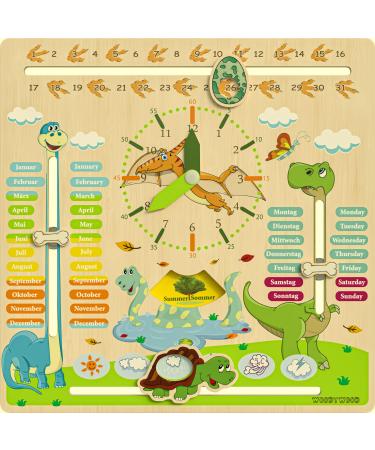 Woodywood calendar watch for children - learning watch made of wood bilingual 30 x 30 cm - Montessori annual clock for learning the time the date weekdays months seasons and the weather for German - English