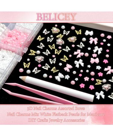 BELICEY 1000PCS 3D Nail Charms - Cute Butterfly Bow Star Heart & Moon Designs for Nail Art DIY - Includes Picker Pencil & Tweezer - Pink & White Flower Collection - Buy Online on SooperMarket.com