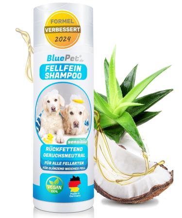 Bluepet Fellfein Dog Hampoo sensitive & odorless made in germany - fading care shampoo with aloe vera & jojoba oil for shiny fur & light combability 100% vegan (dog shampoo) bestseller dog shampoo