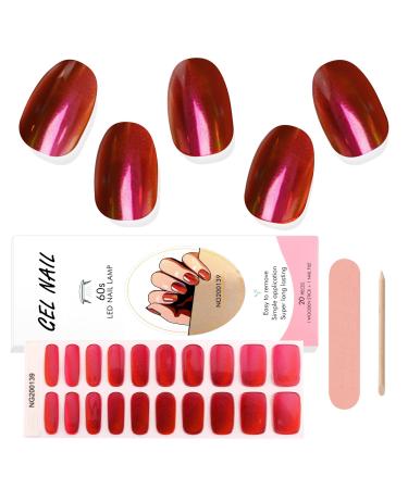Kalolary Gel Nail Strips Red Chrome Full Wrap Gel Nail Polish Stickers for Christmas New Year Metallic Mirror Effect Nail Wrap Long Lasting Salon Quality Nail File Wood Stick Chrome Red