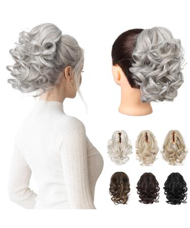 REECHO 9" Short Ponytail Extension Classic Loose Curly Wavy Claw Clip Pony tails Hair Extensions HP001 Hairpieces for Women - Silver Grey