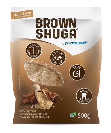 Brown Shuga by Puresweet 500g Natural Brown Sugar Alternative No Bitter Aftertaste Keto and Diabetic Friendly Non GMO Vegan with Stevia. 500 g (Pack of 1)