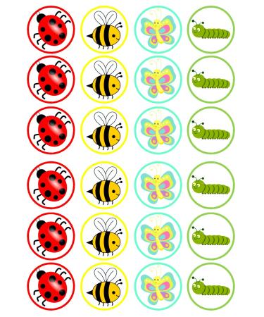 24 Insects Bumble Bee Ladybird Caterpillar Butterfly Edible Cupcake Toppers - wafer card disc cake decorations STAND UP (UNCUT)