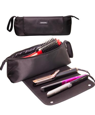 ANGENIL Large Capacity Hair Tools Travel Bag Heat Resistant Mat for Flat Irons Curling Iron Hot Air Brushes Hair Dryer and Care Accessories Portable Hot Tool Mat Bag 2 in 1 Black