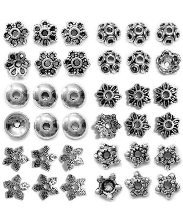 Antique Silver Spacer Bead Caps Bali Style Mixed Tibetan Silver Flower Beads Caps for Bracelet Necklace Earrings Jewelry Making Supplies Findings 600Pcs Silver 6 Style Mix