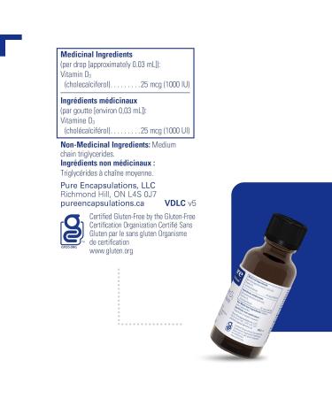 Pure Encapsulations Vitamin D3 Liquid - 1000 IU Liquid Vitamin D3 - For Healthy Bones & Immune Support - Gluten Free & Vegetarian - 22.5 mL - Buy Online on SooperMarket.com