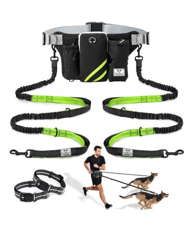 SHINE HAI Retractable Hands Free Dog Leash with Dual Bungees for 2 Dogs Adjustable Waist Belt Reflective Stitching Leash for Running Walking Hiking Jogging Biking Black - Green Green/Black For 2 Dog