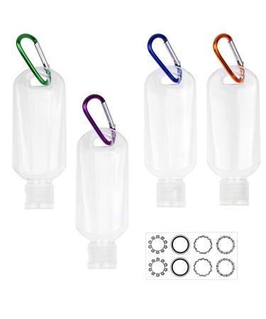 Kare & Kind Clear Portable travel bottles - 4x empty bottles with a hinged lid 4x carabiners 1x sticker label leaves - up to 50 ml - for hand -disinfectant disinfection alcohol