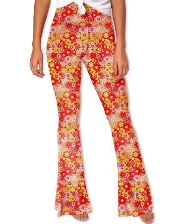 Deerose Women's High Waist Orange Floral Bell Bottom Flare Pants - Medium - Buy Online on SooperMarket.com