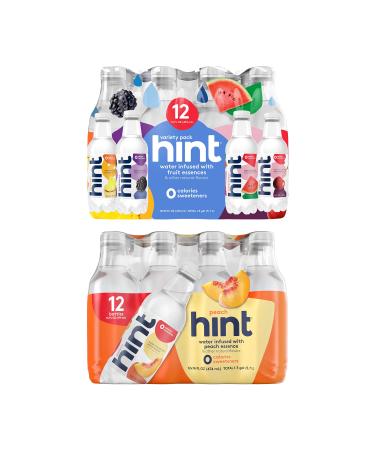 Hint Water Variety Pack and Hint Water Peach (Pack of 24), 3 Bottles Each of: Blackberry, Cherry, Watermelon, and Pineapple & 12 Hint Water Peach, Zero Calories, Zero Sugar Variety Pack and Peach