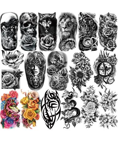 Yazhiji 77sheets Waterproof Temporary Tattoo for Girls or Boys Kids 17sheets Larger Half Arm Wolf Tiger Lion Fake Tattoos for Men or Women And 60 sheets Tiny Flower Snake Rose Sunflower Tattoo Sticker