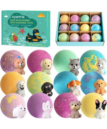 Bathing ball children with surprise - 12 set natural swimming bombs - child -safe organic kit gift idea - foam bombs with puppy toys - twelve types of fruity