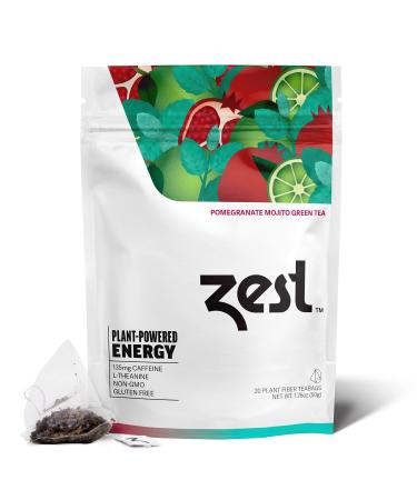 Zest 135mg High Caffeine Energy Leaf Blend - Pomegranate Mojito Green Tea - 20 Pack Bag - All Natural Strong Flavored Healthy Coffee Alternative Highly Caffeinated Substitute - Perfect for Keto
