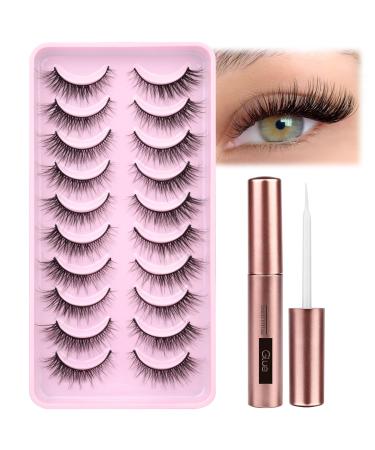 Wispy False Eyelashes with Eyelash Glue Cat Eye Lashes Natural Look 10 Pairs Reusable Eyelashes 3D Fake Strip Lashes with 5ML Lash Glue Cat Eye Natual