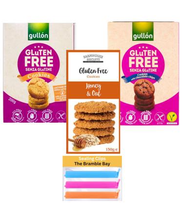 Gluten Free Biscuits bundle contains Farmhouse Honey and Oats 150g Gullon Cookies 200g Chocolate Chip Cookies 200g Sealing Clip x3