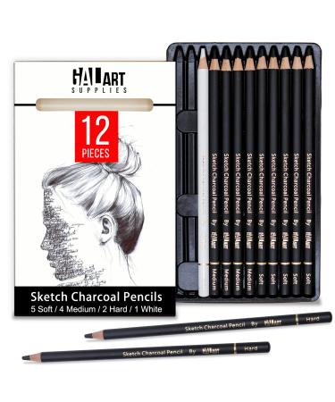 Galart Supplies Charcoal Drawing Set   12 Pieces Pre-Sharped Soft  Medium  Hard and White Charcoal Pencils for Drawing with Organizer Tray  Shading and Sketching for Artists and Beginners