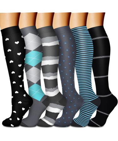 CHARMKING Compression Socks for Women & Men (6 Pairs) 15-20 mmHg is Best for Athletics, Running, Flight Travel, Support Large-X-Large 06 Blue/Black/Blue/Grey/Grey/Black