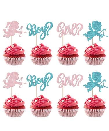 Rsstarxi 24 Pack Valentine's Day Gender Reveal Cupcake Toppers Glitter Boy or Girl Cupcake Toppers Pink or Blue Valentines Cupid Cupcake Picks for Baby Shower Gender Reveal Party Cake Decorations Design 21