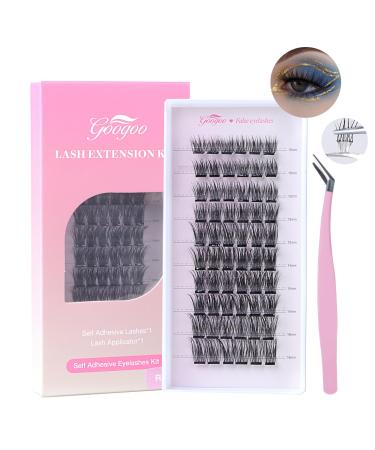 GOO GOO Self Adhesive Eyelashes Kit No-Glue Cluster Lashes 10-16mm DIY Eyelashes Extension Natural Look False Eyelashes Extension with D Curl Glue & Remover-Free (Reed)