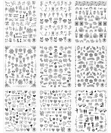 JMEOWIO Spring 3D Nail Art Stickers 9 Sheets Self Adhesive Nail Decals Heart-Shaped Flower Pattern DIY Design Nail Decoration for Women Girls (Black) - Buy Online on SooperMarket.com