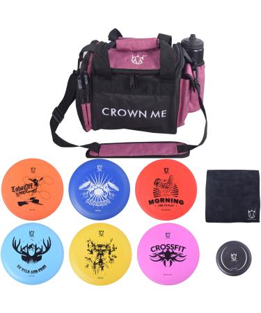 CROWN ME Disc Golf Starter Set,Disc Golf Set with 6 Discs, 1 Marker,1 Towel and Starter Disc Golf Bag Fairway Driver Pink