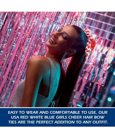 USA Red White Blue Glitter Cheer Hair Bow Ties - America Flag Ribbons with Elastic Tie (Red Wave) - Buy Online on SooperMarket.com
