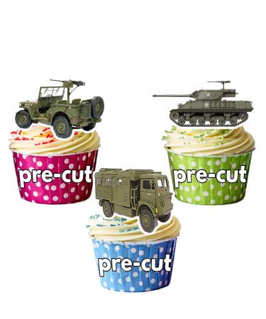 PRECUT Army Military Vehicles Tank Lorry Jeep Mix Cake Decorations - 12 Edible Wafer Cup Cake Toppers