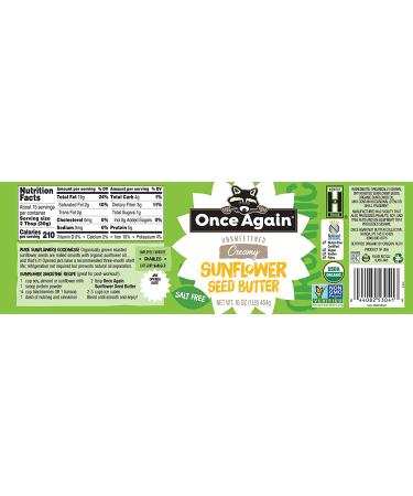Once Again Organic Sunflower Butter - Peanut Free, Salt Free & Unsweetened - 16oz Jar - Buy Online on SooperMarket.com