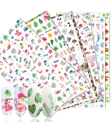 Nail Art Stickers 6 Sheets 3D Self-Adhesive Nail Decals Nail Art Supplies Flamingo Flower Leaf Animal Seashell Fruit Nail Design Summer Decals for Women DIY Manicure Tips Nail Decorations Style C