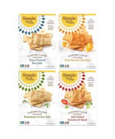 Simple Mills Almond Flour Crackers, Variety Pack (Fine Ground Sea Salt, Rosemary & Sea Salt, Farmhouse Cheddar, and Sun-Dried Tomato & Basil) - Gluten Free, Healthy Snacks, 4.25 Ounce (Pack of 4) Variety Pack 4.25 Ounce (P…