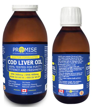 200ml (6.8oz) Cod Liver Oil 100% Tested for Purity Potency and Freshness EPA 360mg | DHA 400mg 4500 IU Vit A | 450 IU Vit D3 Made in Canada