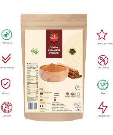 Ceylon Cinnamon Powder 500g - Authentic Dalchini Ground | Ethically Sourced Premium Quality | Natural, Non GMO, Vegan - No Additives or Preservatives - Buy Online on SooperMarket.com