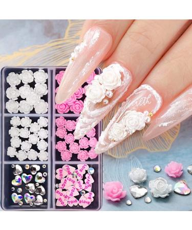 RUNRAYAY Pink 3D Flowers Nail Charms Nail Diamonds for Acrylic Nails with Heart Nail Rhinestones Nail Art Jewels for Women DIY Nail Decorations B