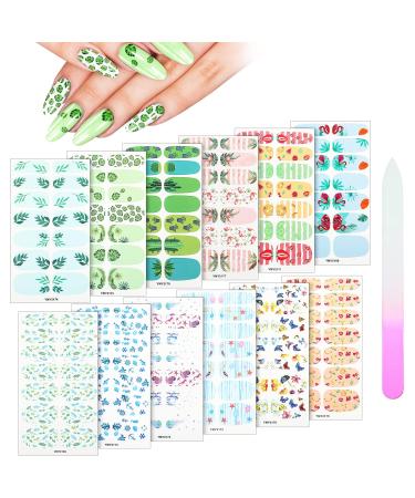 Maitys 168 Pieces 12 Sheets Nail Strips Summer Full Wrap Nail Polish Stickers Nail Wraps Self Adhesive Nail Art Decal Strip with Nail File Manicure Kits for Women Girl DIY Nail